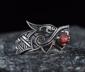 Fenrir Ring with Gem Sterling Silver Unique Norse Jewelry