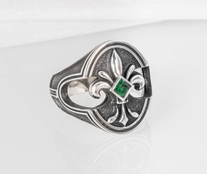 925 Silver fashion Ring with Fleur-de-lis, the Heraldic lily and Green Gem, Unique Handmade Jewelry
