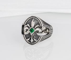 925 Silver fashion Ring with Fleur-de-lis, the Heraldic lily and Green Gem, Unique Handmade Jewelry