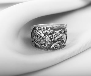 925 Silver Viking ring with Raven and Celtic ornament, Unique Handmade Jewelry