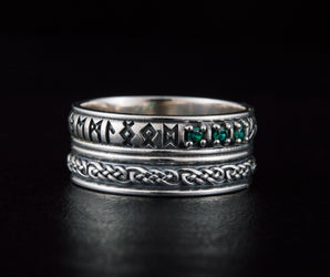 Runes Symbol Ornament Ring with CZ Sterling Silver Viking Jewelry