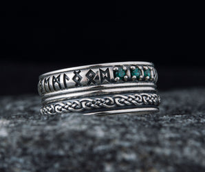 Runes Symbol Ornament Ring with CZ Sterling Silver Viking Jewelry