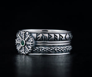 Helm of Awe Symbol with Runes Ornament and CZ Sterling Silver Viking Ring