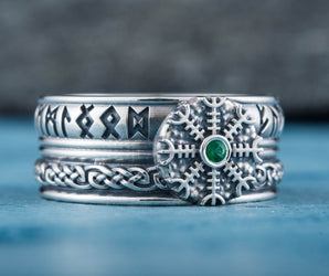 Helm of Awe Symbol with Runes Ornament and CZ Sterling Silver Viking Ring