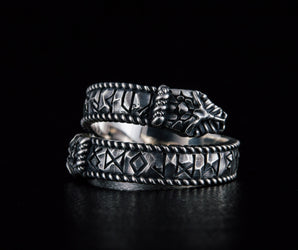 Ouroboros Ring with Runes Ornament Sterling Silver Norse Jewelry