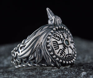 Odin Raven Ring with Vegvisir Symbol Sterling Silver Norse Jewelry