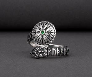 Snake 925 Silver Ring With Vegvisir And Green Gem, Handcrafted Jewelry