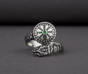 Snake 925 Silver Ring With Vegvisir And Green Gem, Handcrafted Jewelry