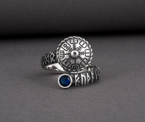Vegvisir 925 Silver Norse Ring With Blue Gems, Handmade Jewelry