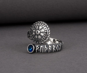 Vegvisir 925 Silver Norse Ring With Blue Gems, Handmade Jewelry