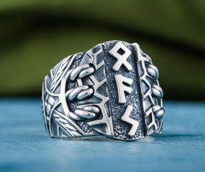 Ring with Scandinavian Runes Sterling Silver Unique Handmade Jewelry