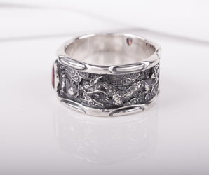 925 Silver Asian Style Dragon Ring with Red Gem