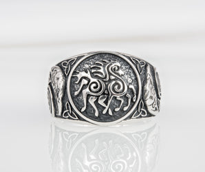 925 silver unique Viking ring with Sleipnir and Ravens on sides, handcrafted ancient norse ornament jewelry
