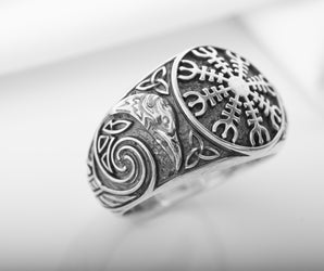 925 Silver Viking ring with Helm Of Awe and Ravens, Unique handcrafted Jewelry