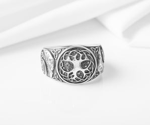 925 Silver Viking ring with Yggdrasil and Ravens, Unique handcrafted Jewelry