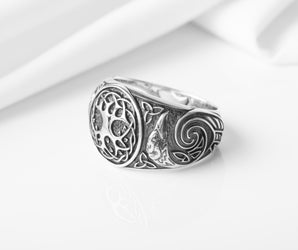 925 Silver Viking ring with Yggdrasil and Ravens, Unique handcrafted Jewelry