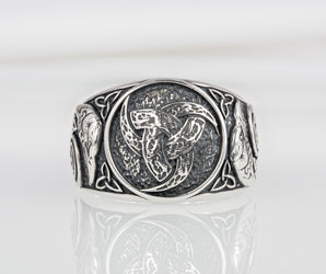 925 silver Viking ring with Odin horns and Ravens on sides, unique norse ornament jewelry