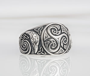 Handcrafted 925 silver Trixel Viking ring with ravens and unique norse ornament, ancient style jewelry