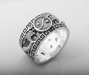 Ying-Yang Symbol Sterling Silver Ring with Dragons