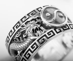 Ying-Yang Symbol Sterling Silver Ring with Dragons