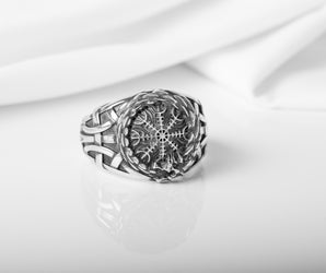 925 Silver Viking ring with Helm of Awe and Rough textured ornament, unique handmade jewelry