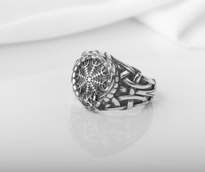 925 Silver Viking ring with Helm of Awe and Rough textured ornament, unique handmade jewelry