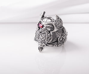 Massive 925 Silver Odin The Allfather ring with gem and detailed ornament, Unique handcrafted Jewelry