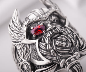 Massive 925 Silver Odin The Allfather ring with gem and detailed ornament, Unique handcrafted Jewelry