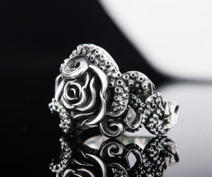 Ring with Octopus and Rose Ornament Sterling Silver Jewelry