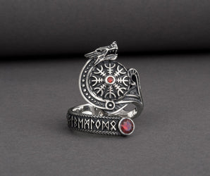 Vegvisir 925 Silver Norse Ring With Wolf And Red Gems, Handmade Jewelry
