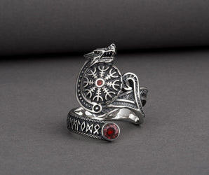 Vegvisir 925 Silver Norse Ring With Wolf And Red Gems, Handmade Jewelry