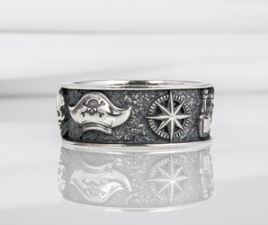 Sterling silver Sailor style ring with Compass and pirat symbols, handcrafted sea jewelry