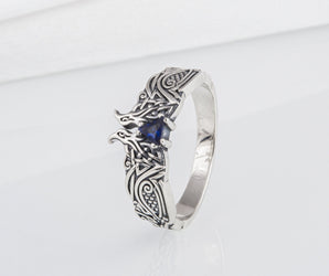 Unique Viking ravens ring with blue gem, handcrafted norse ornament jewelry