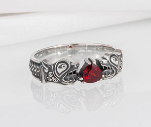 925 silver Viking ring with Norse wolf Fenrir and gem, unique handcrafted jewelry