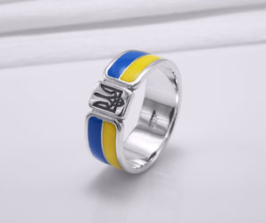 925 Silver Ukrainian Trident Ring with Flag, Made in Ukraine Jewelry