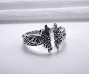 Sterling Silver Celtic Knot Ring with Hound Dogs Ornament, Handmade Norse Jewelry