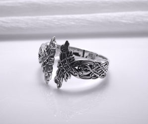 Sterling Silver Celtic Knot Ring with Hound Dogs Ornament, Handmade Norse Jewelry