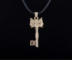 14K Gold Handmade Key Pendant with Owl Unique Jewelry