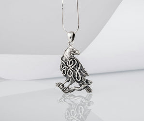 Raven Pendant with Ornament Sterling Silver Norse Amulet
