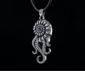 Octopus in Shell Pendant with Cubic Zirconia Sterling Silver Handmade Unique Jewelry