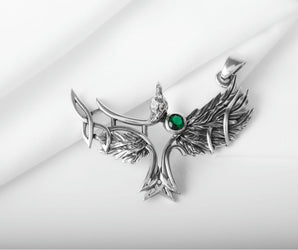 925 Silver Raven pendant with green gem and Celtic knots, Unique Viking Jewelry