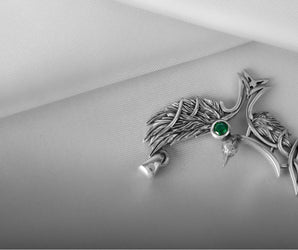 925 Silver Raven pendant with green gem and Celtic knots, Unique Viking Jewelry