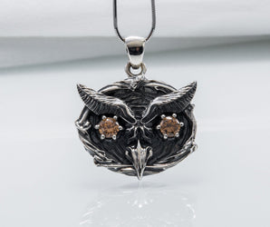 Owl Minimalistic 925 Silver Pendant With Amber Gem, Handcrafted Jewelry