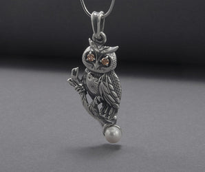 Owl 925 Silver Pendant With Amber Gems And Pearl, Handcrafted Jewelry