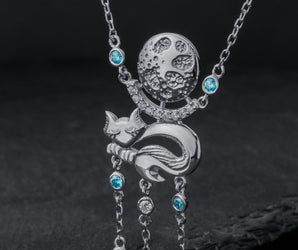 Cat Under Moon Pendant with Gems, 925 Silver