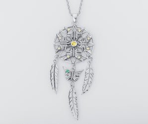 Dreamcatcher Pendant with Butterflies and Gem, 925 Silver