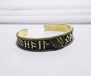 "Triquetra Symbol Bracelet with Runes, Bronze Norse Jewelry"