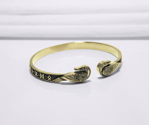 "Ravens Symbol Bracelet with Runes, Bronze Norse Jewelry"