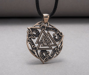 Valknut Symbol Pendant with Ornament Bronze Norse Jewelry