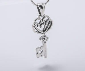 Unique 925 Silver Key Pendant With Heart, Handmade Jewelry